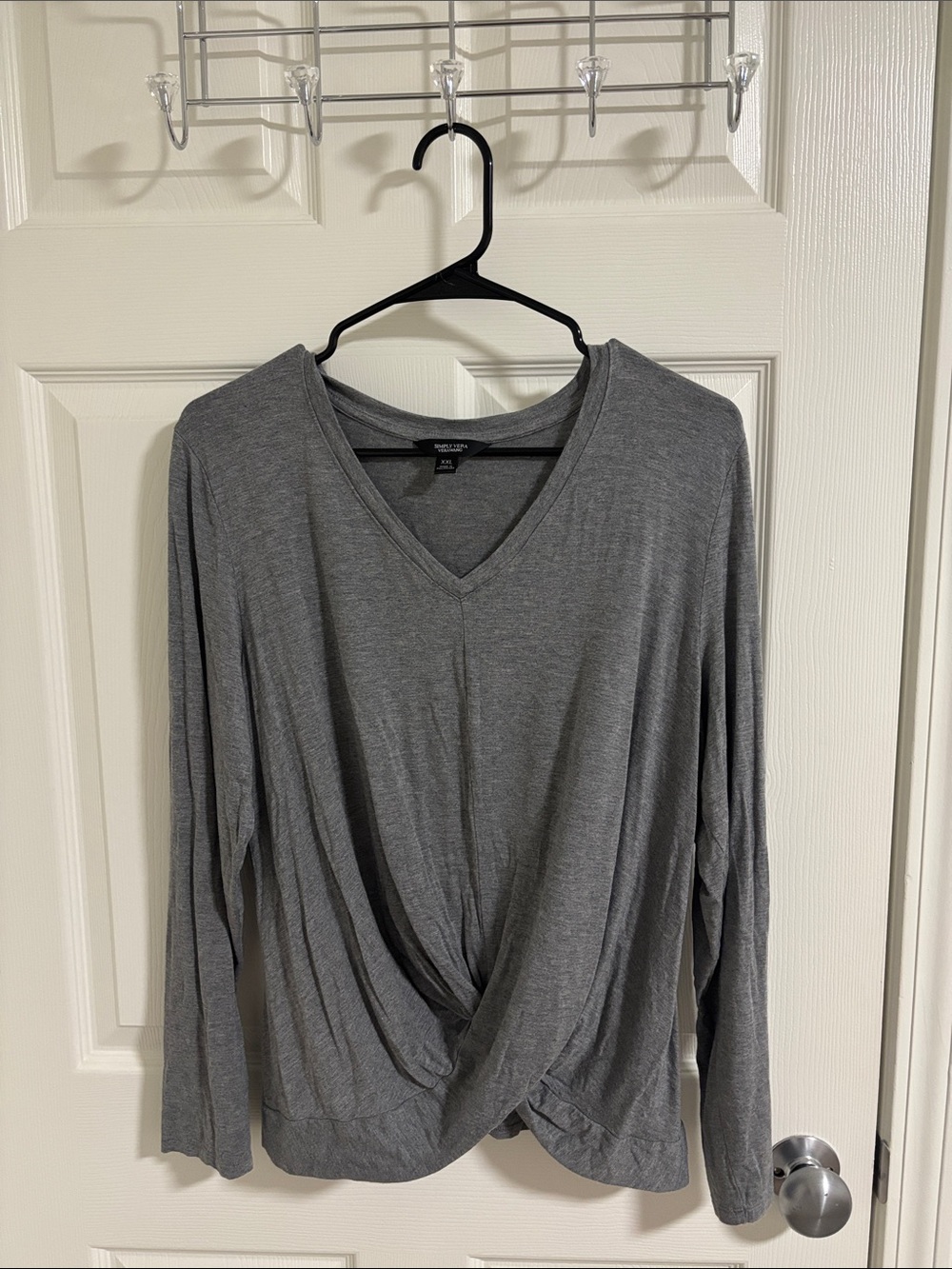 Women's Grey V-Neck Twist Front Long Sleeve Top